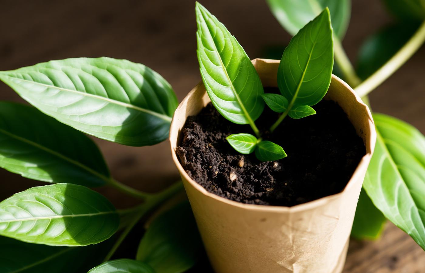Sustainable green sapling growing in a paper cup